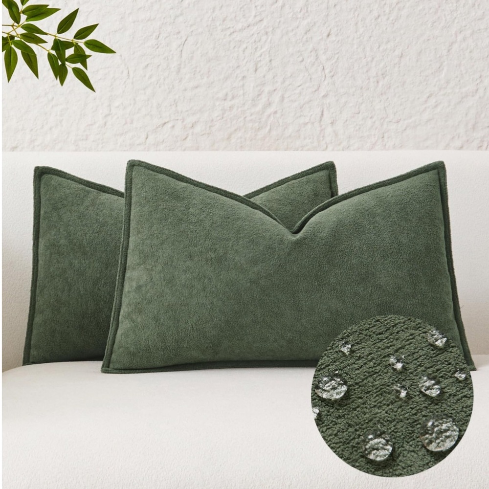 Olive Green Indoor/Outdoor Lumbar Pillow Covers Waterproof 12x20” (2-pack)